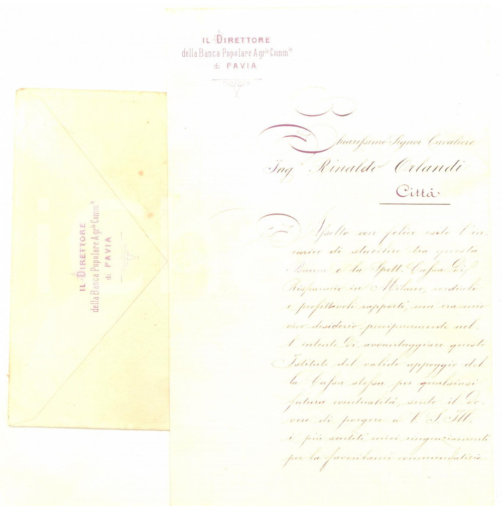 Autografo originale 1880 ca PAVIA Banca Popolare Agricola  Lettera direttore a Rinaldo Orlandi 1