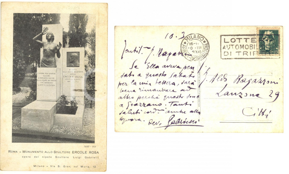 Autografo originale 1938 MILANO Scultore Luigi GABRIELLI Cartolina monumento Ercole Rosa  AUTOGRAFO 1