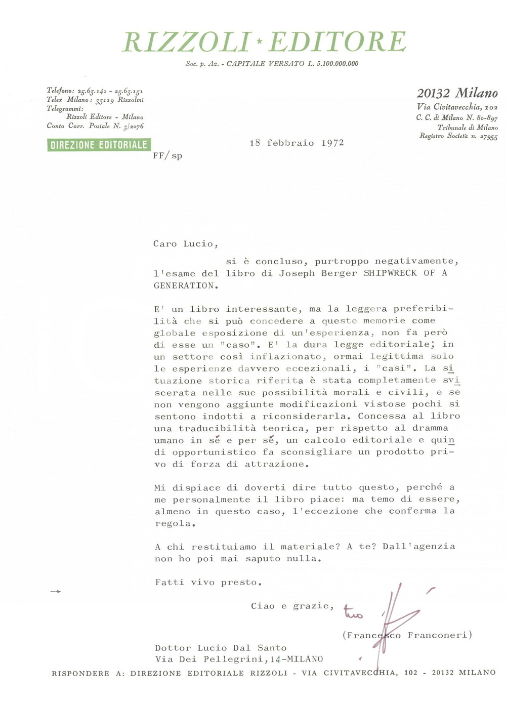 Autografo originale 1972 MILANO RIZZOLI Editore  Lettera Francesco FRANCONERI  Autografo 1