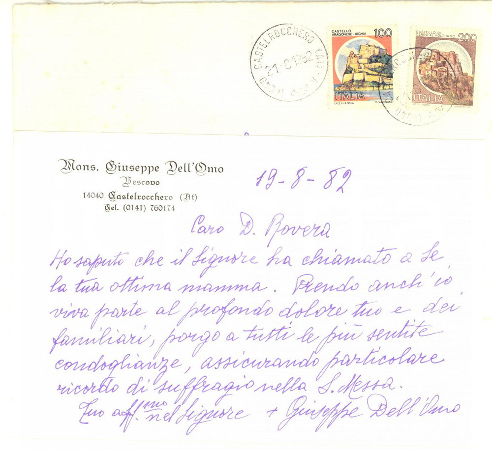 Autografo originale 1982 CASTELROCCHERO Condoglianze mons. Giuseppe DELL OMO  AUTOGRAFO 1