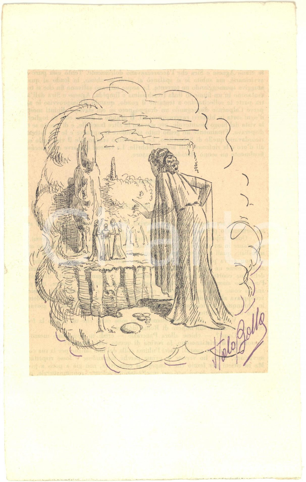 1950 ca Italo BALLA "...Le si spalancò un abisso" - Stampa AUTOGRAFATA 15x21