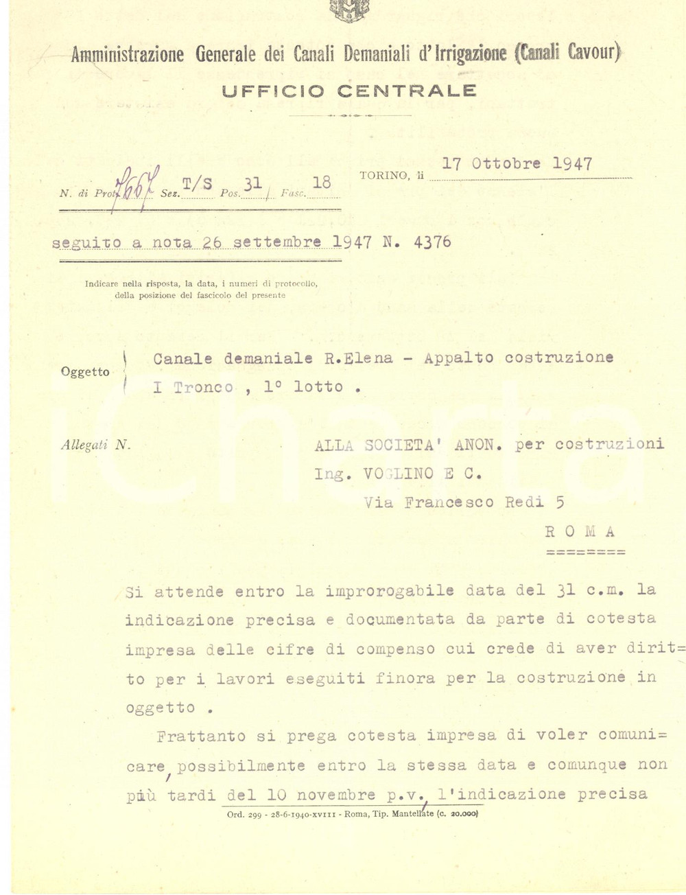 Documento originale, autentico 1947 TORINO Amministrazione CANALI CAVOUR  Lettera per canale REGINA ELENA 1