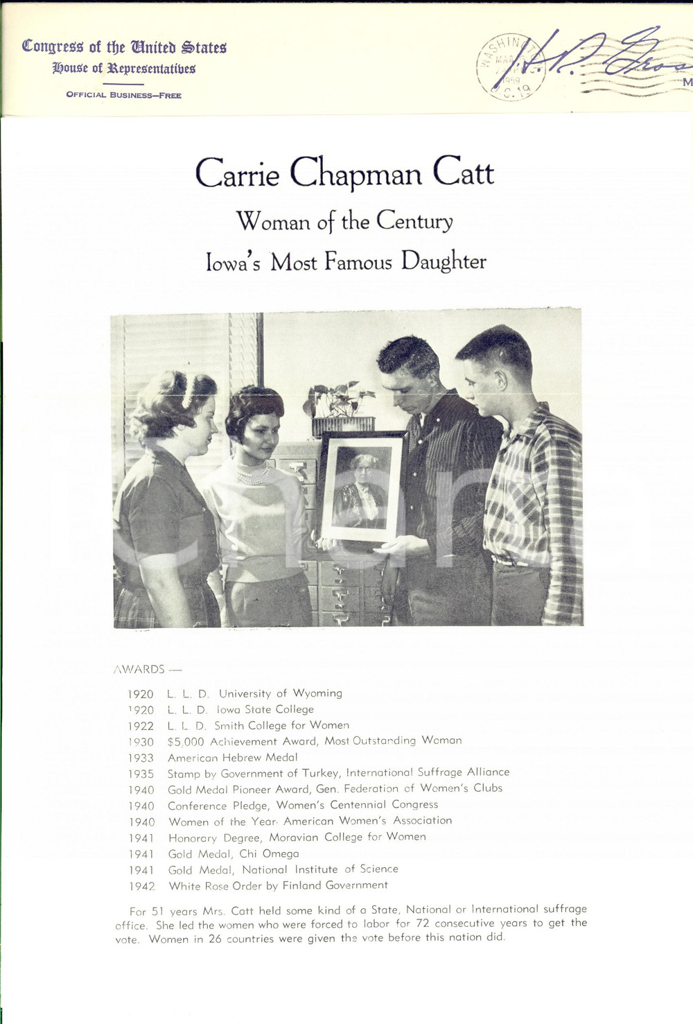 Documento originale, autentico 1959 CHARLES CITY IOWA Lettera per francobollo in onore di Carrie CHAPMAN CATT 1
