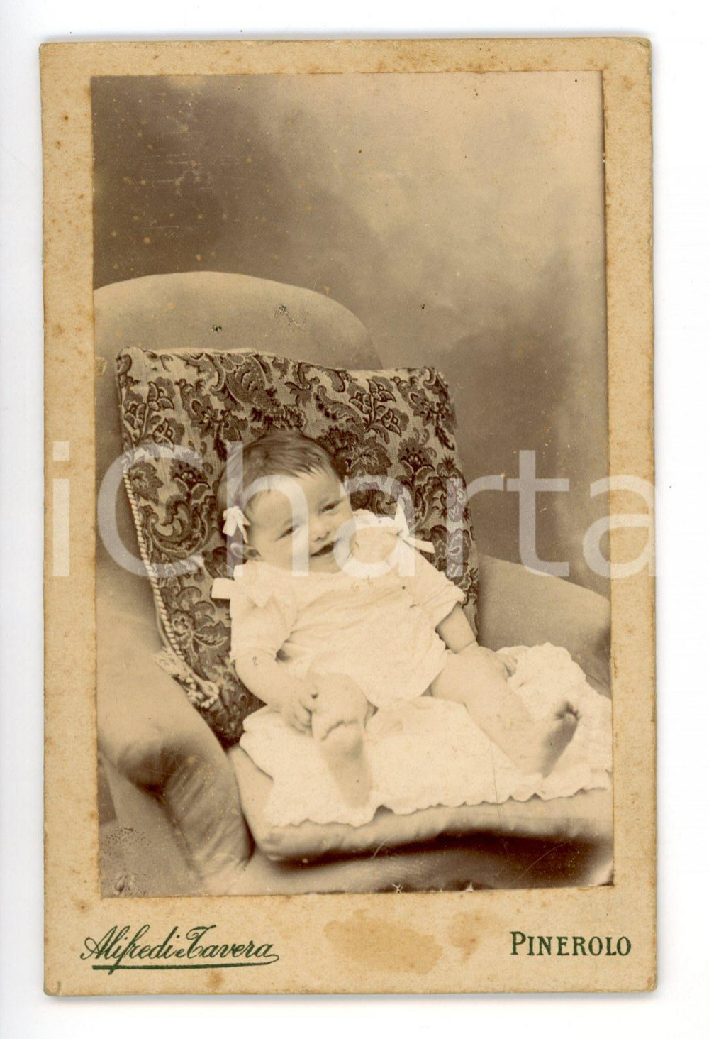 Fotografia d epoca originale 1900 ca PINEROLO Ritratto di bambina in poltrona Foto ALFREDI & TAVERA  CDV 1