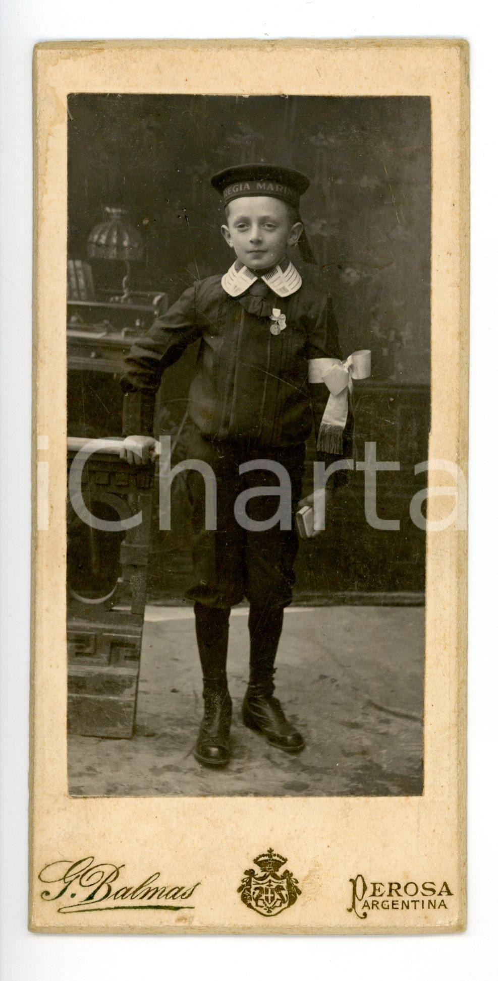 Fotografia d epoca originale 1910 ca PEROSA ARGENTINA Marinaretto alla Prima Comunione Foto G. BALMAS  7x15 1