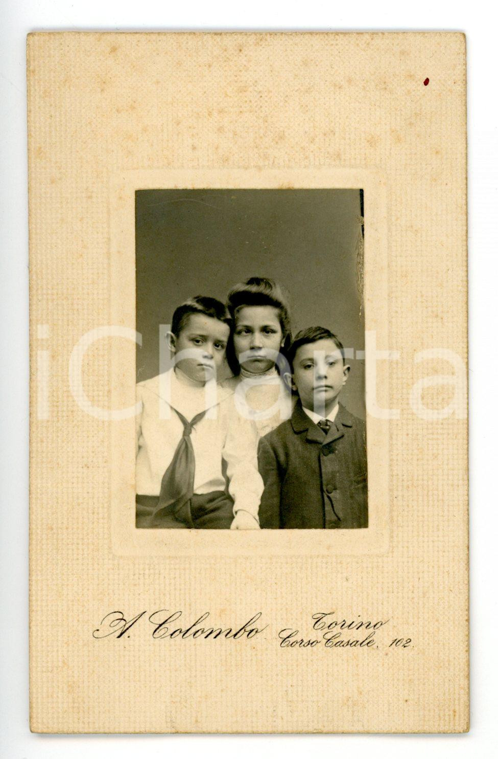 Fotografia d epoca originale 1905 ca TORINO Ritratto di tre fratelli Foto A. COLOMBO  CDV 1