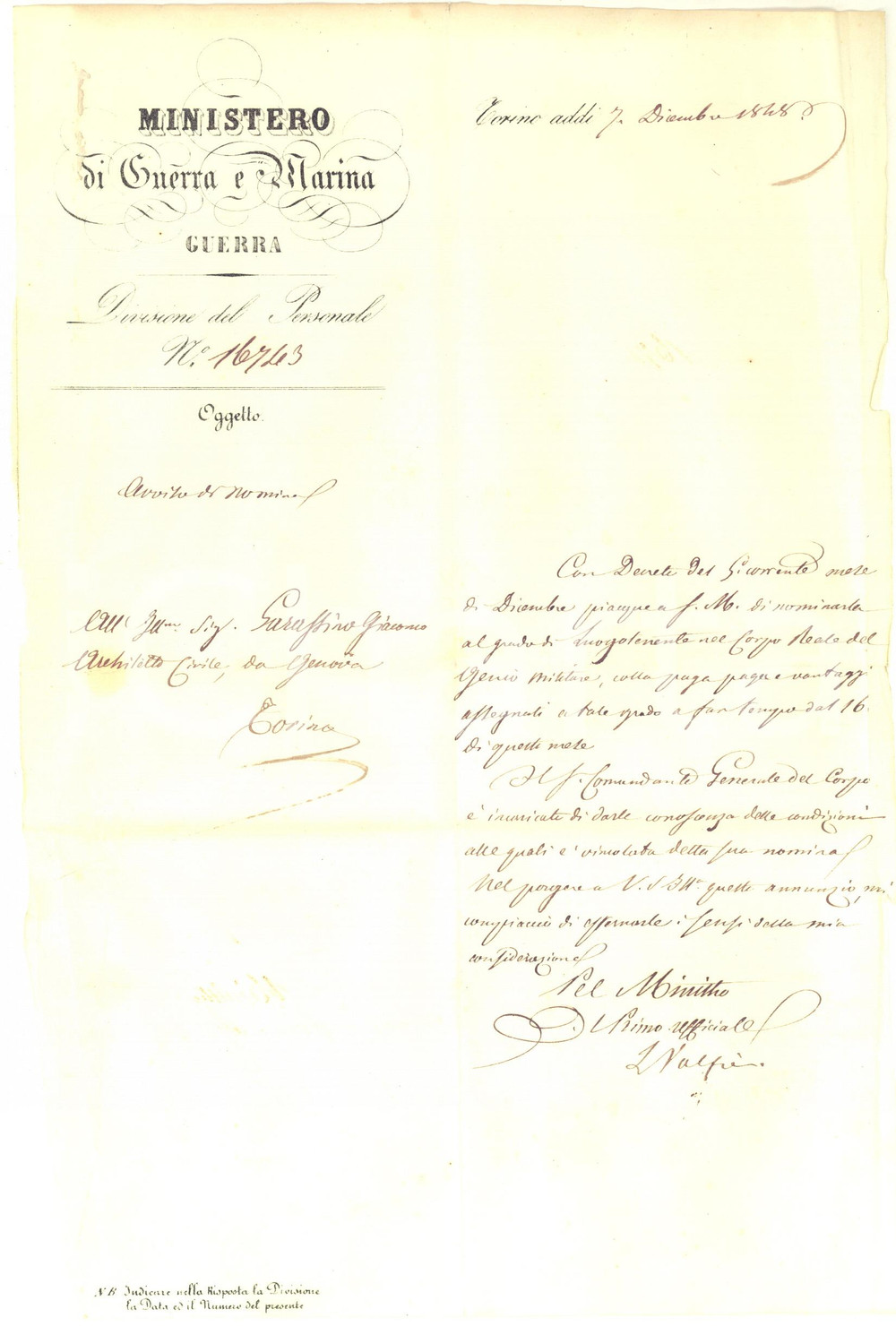 Documento originale, autentico 1848 TORINO Nomina Giacomo GARASSINO sottotenente Genio  Leopoldo VALFRE 1