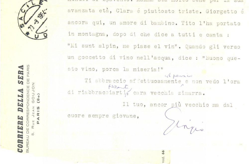 Autografo originale 1964 SACILE Lettera giornalista Giorgio SANSA sulla famiglia  Autografo 1