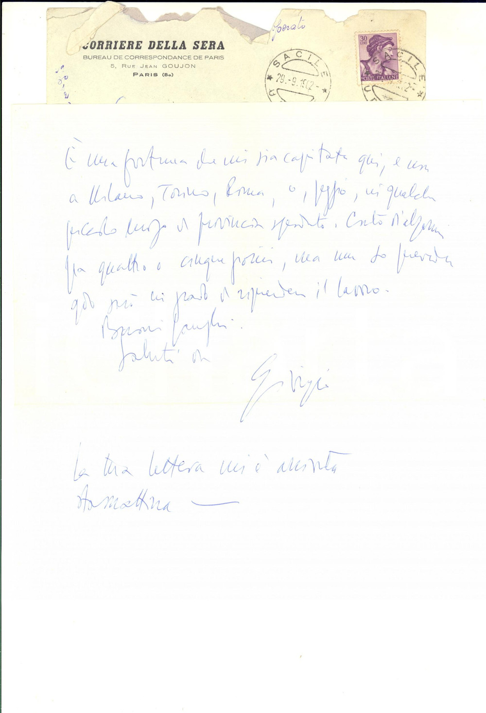 1962 SACILE Lettera giornalista Giorgio SANSA - Corriere della Sera - Autografo