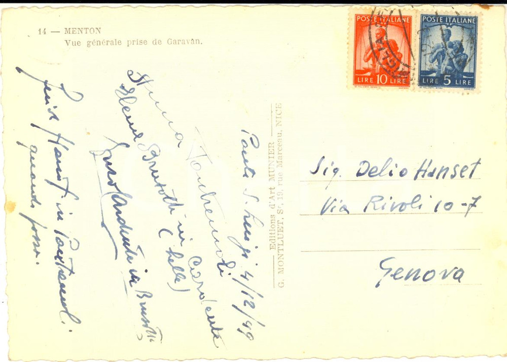 Autografo originale 1949 MENTON Cartolina pittore Guido HANSET  AUTOGRAFO FG VG 1