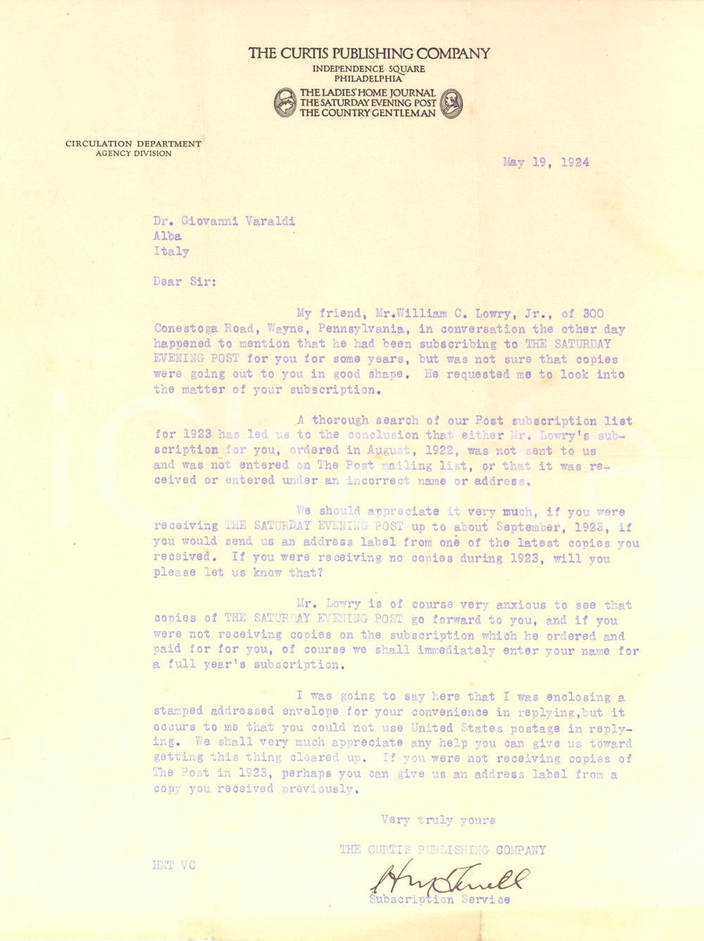 Manoscritto, lettera originale 1924 PHILADELPHIA Letter THE CURTIS PUBLISHING Company  Subscription Service 1