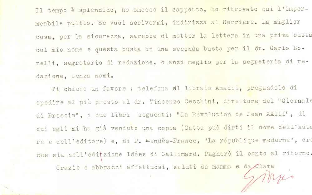 1964 SACILE Lettera giornalista Giorgio SANSA dopo un viaggio *Autografo