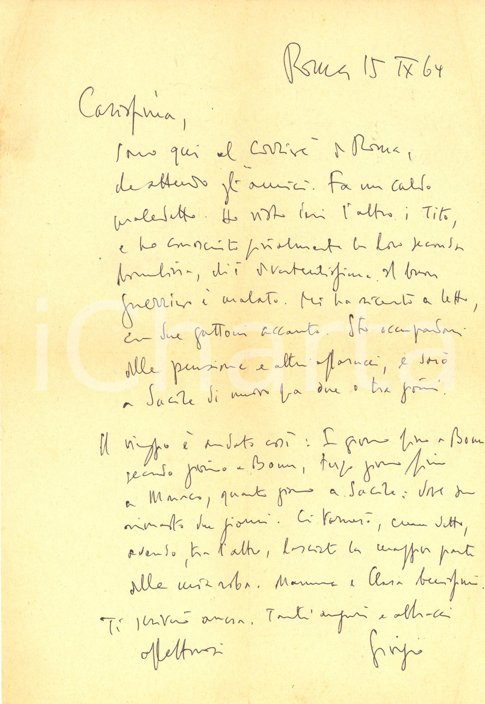 Autografo originale 1964 ROMA Lettera giornalista Giorgio SANSA alla sede del Corriere  Autografo 1