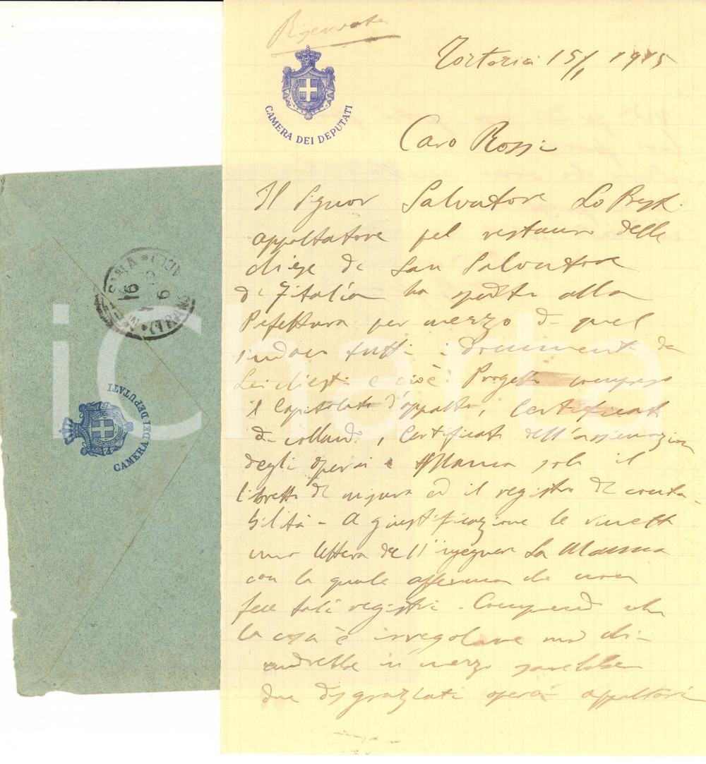 1915 TORTORICI On. Giuseppe FARANDA per restauri a S. Salvatore di Fitalia