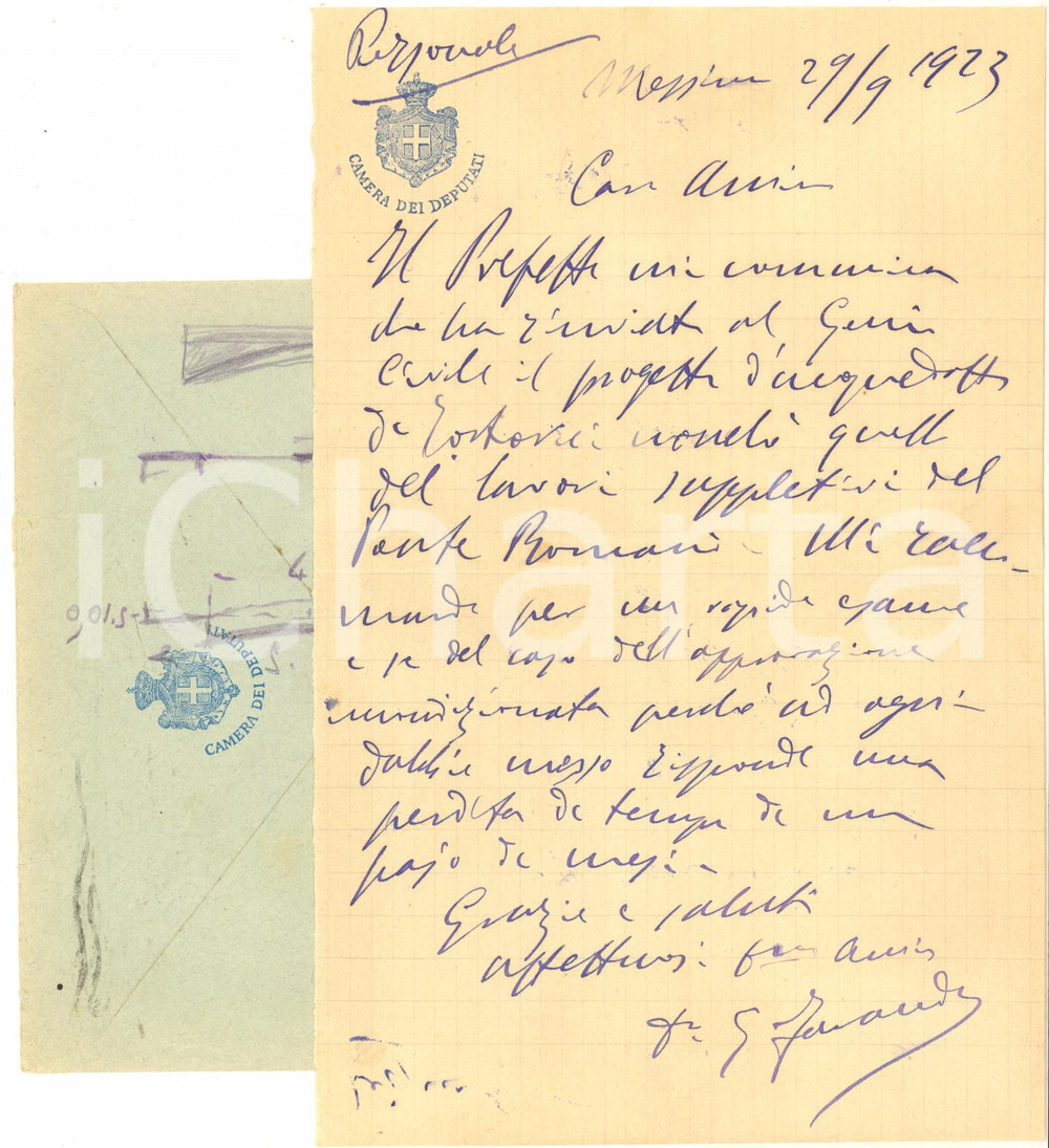 Autografo originale 1923 MESSINA Lettera on. Giuseppe FARANDA per rinvio progetto  AUTOGRAFO 1