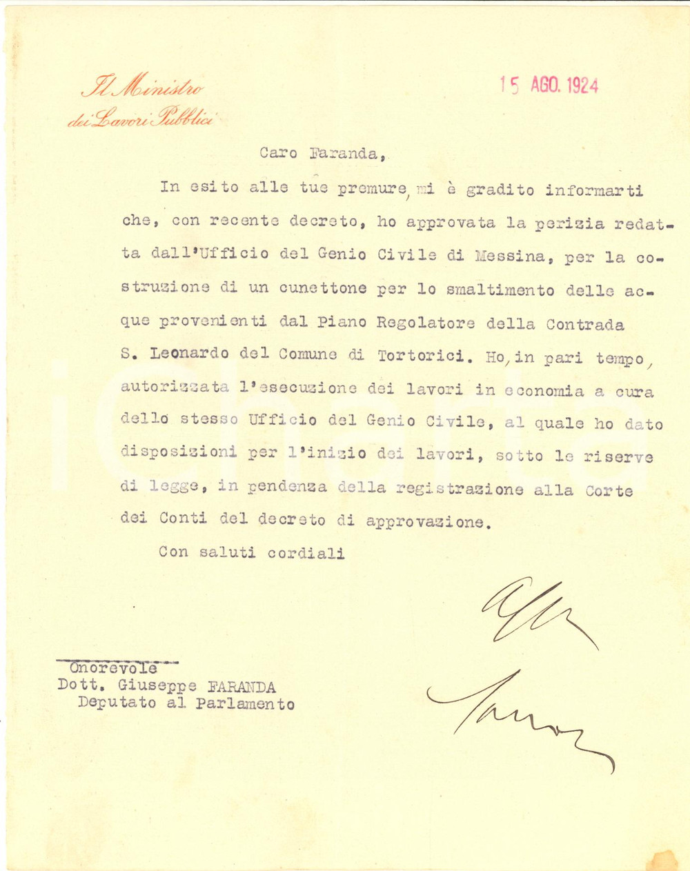 1924 ROMA Lettera ministro Gino SARROCCHI per lavori a Tortorici - AUTOGRAFO