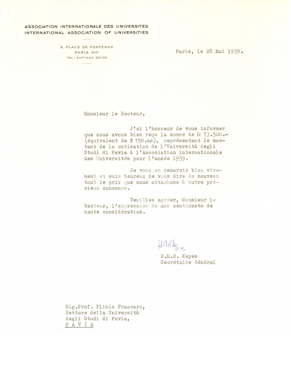 1959 PARIS Association Internationale des Universités - Lettera H. M. KEYES