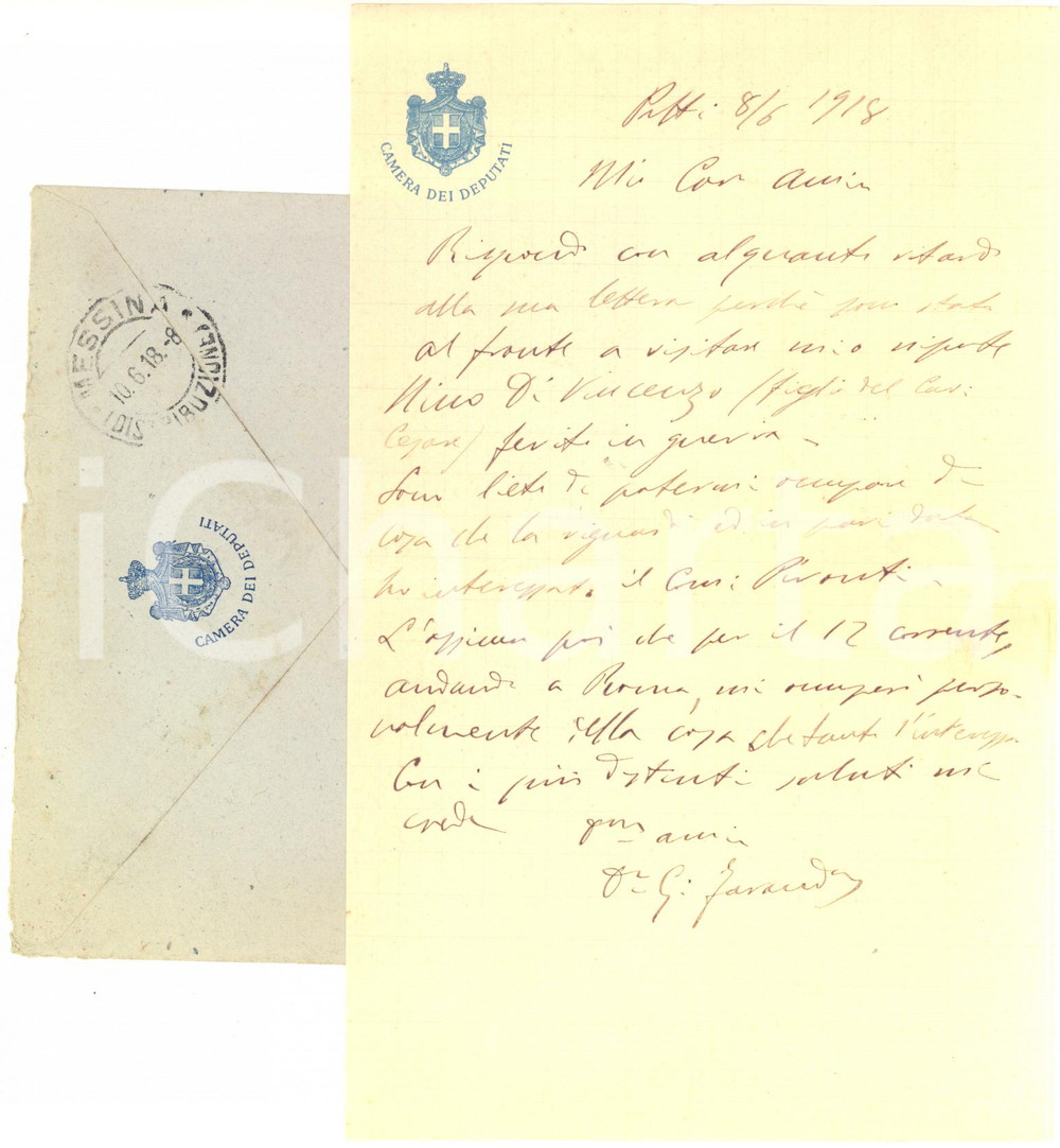1918 PATTI Lettera on. Giuseppe FARANDA al ritorno dal fronte - AUTOGRAFO