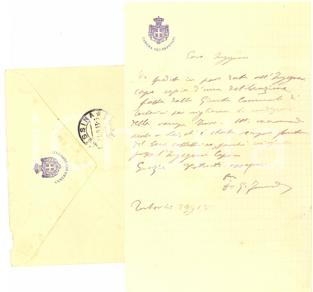 1912 TORTORICI Lettera on. Giuseppe FARANDA per esecuzione lavori - AUTOGRAFO