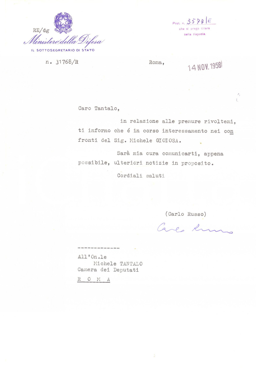 Autografo originale 1958 ROMA Lettera sottosegretario Carlo RUSSO per raccomandazione  Autografo 1