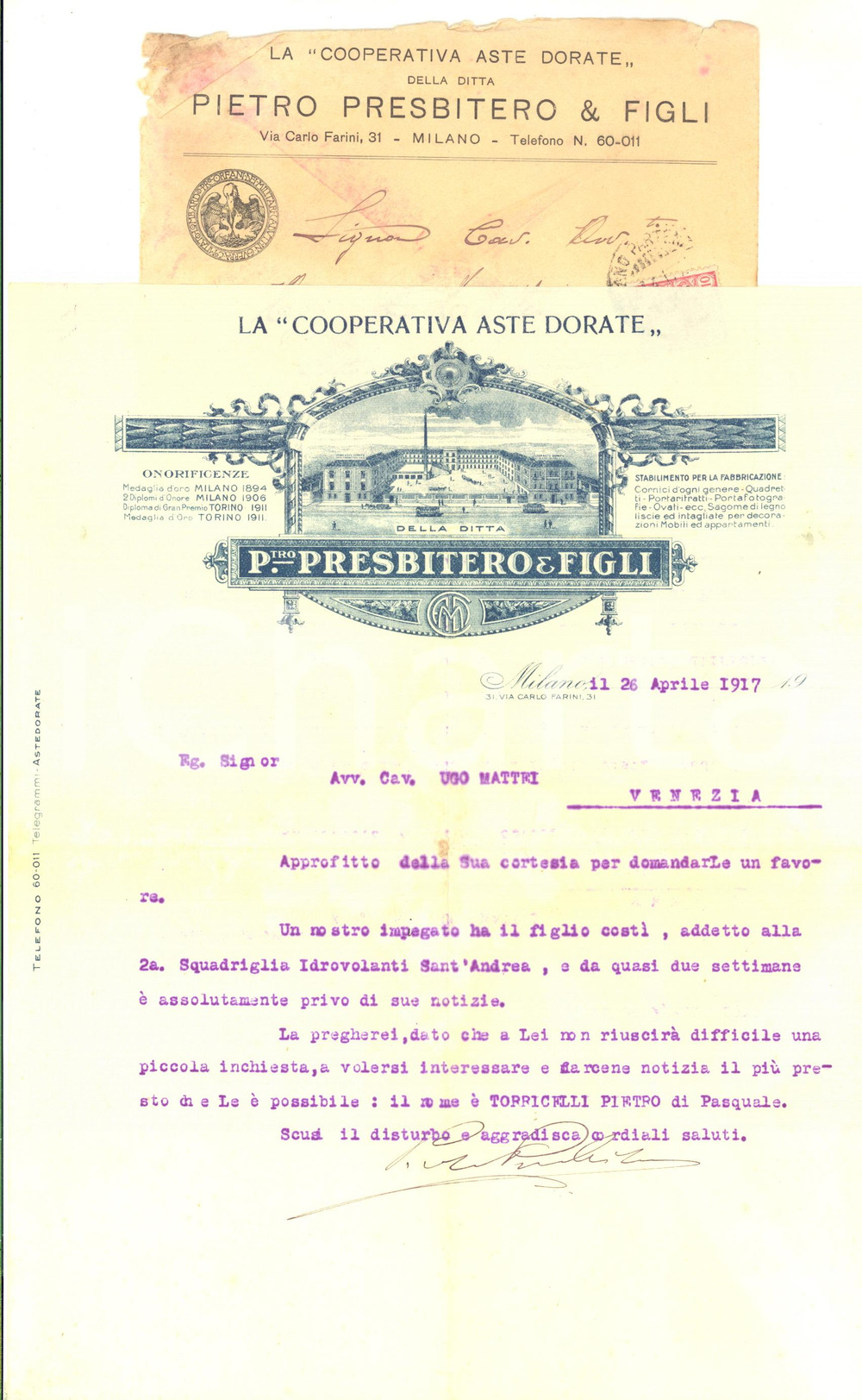 1917 MILANO Ditta Pietro PRESBITERI Cooperativa ASTE DORATE - Lettera