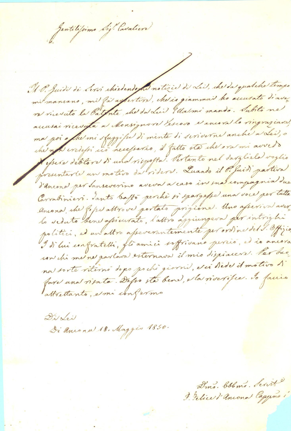 Autografo originale 1850 ANCONA Fra Felice cappuccino e le dicerie su padre GUIDI con i carabinieri 1
