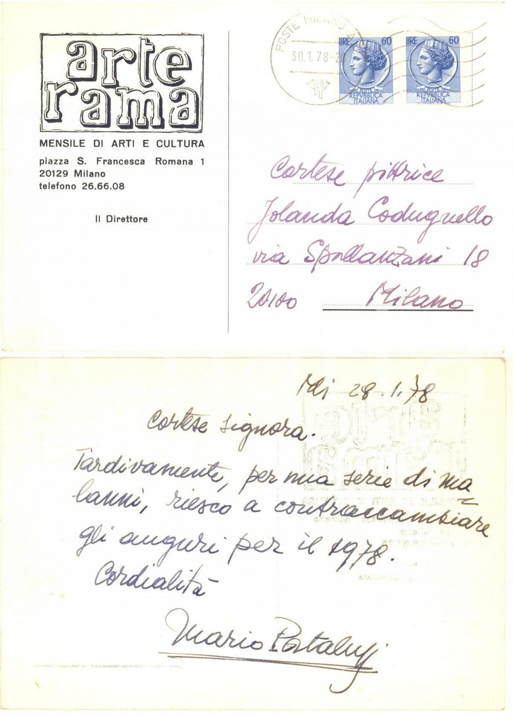 Autografo originale 1978 MILANO ARTERAMA Cartolina Mario PORTALUPI direttore  Autografo FG VG 1