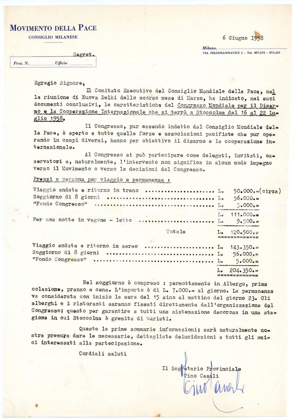 1958 MILANO Movimento della Pace - Lettera Tino CASALI segretario - Autografo