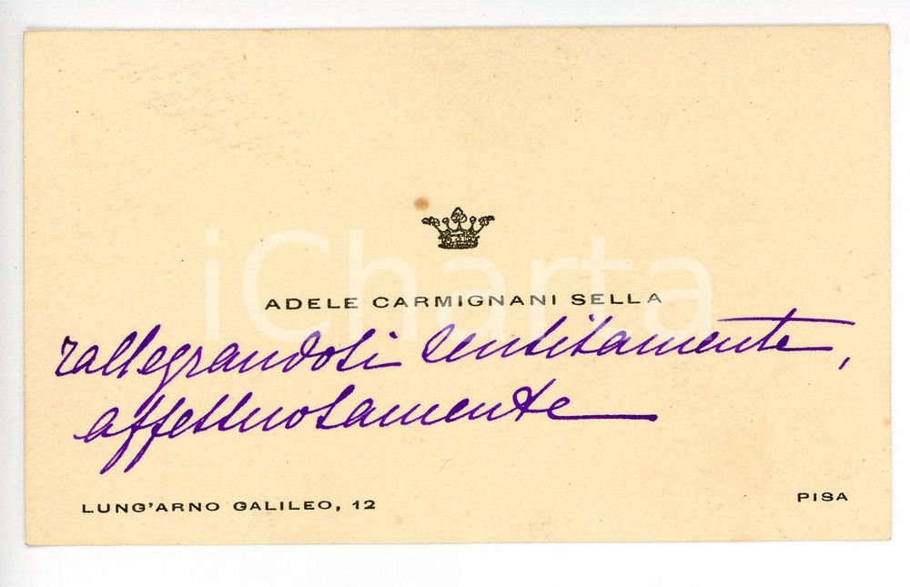 Autografo originale 1920 ca PISA Nobile Adele CARMIGNANI SELLA  Biglietto da visita AUTOGRAFO 1