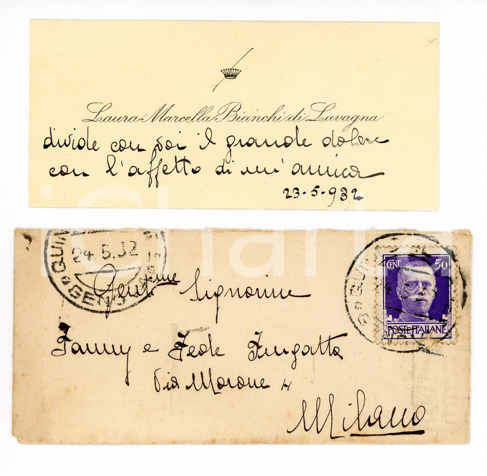 Autografo originale 1932 GENOVA Laura Marcella BIANCHI DI LAVAGNA  Biglietto da visita AUTOGRAFO 1