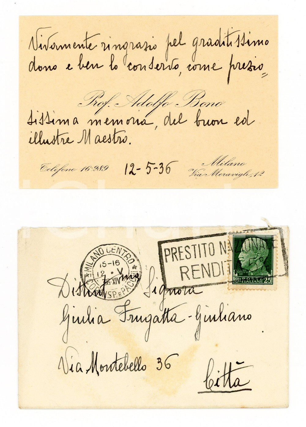 Autografo originale 1936 MILANO Prof. Adolfo BONO  Biglietto da visita per ringraziamento AUTOGRAFO 1