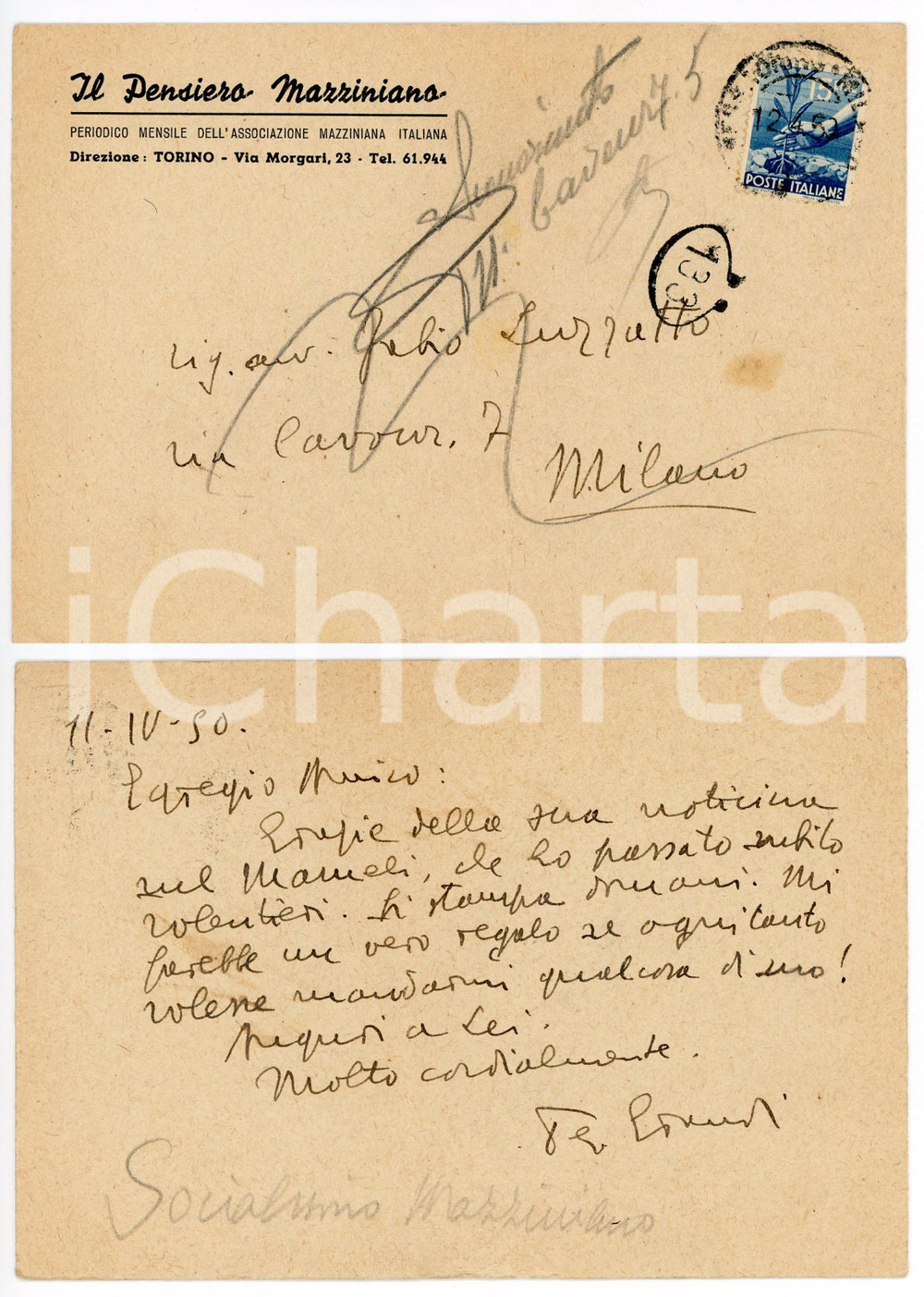 Autografo originale 1950 TORINO Terenzio GRANDI  Il Pensiero Mazziniano AUTOGRAFO DANNEGGIATO 1