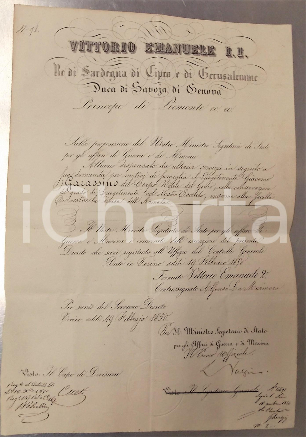 1850 TORINO Decreto dispensa luogotenente Giacomo GARASSINO - Leopoldo VALFRE'