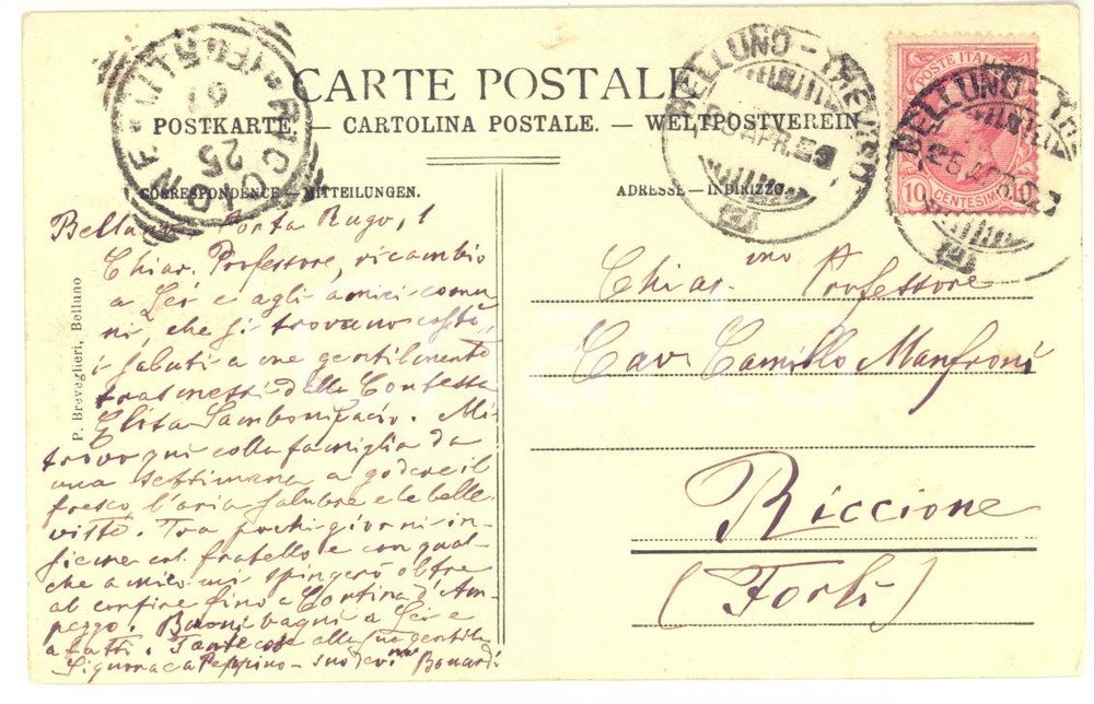 Autografo originale 1907 BELLUNO Cartolina Antonio BONARDI a Camillo Manfroni  AUTOGRAFO FP VG 1