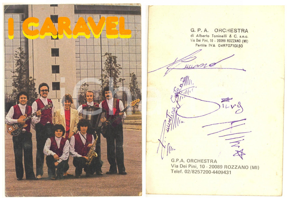 Autografo originale 1980 ca ROZZANO Orchestra I CARAVEL  Foto seriale con AUTOGRAFI DANNEGGIATA 1