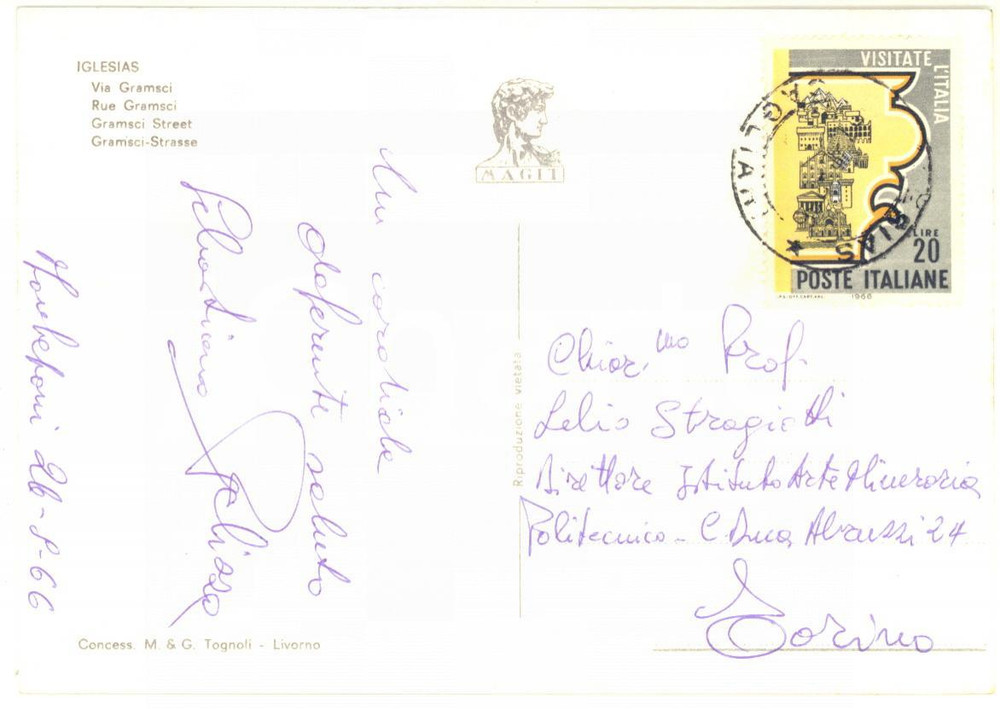 1966 IGLESIAS Sebastiano PELIZZA a Lelio STRAGIOTTI - Cartolina AUTOGRAFA FG VG