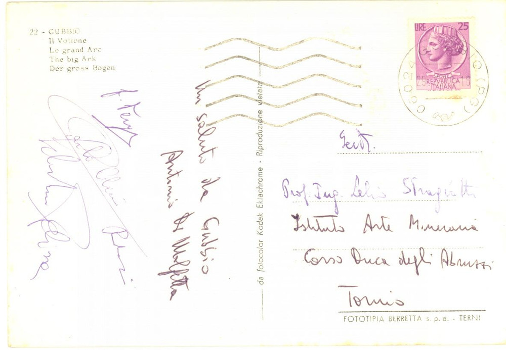 Autografo originale 1972 GUBBIO Sebastiano PELIZZA Antonio DI MOLFETTA  Cartolina AUTOGRAFI 1