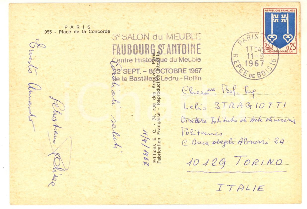 Autografo originale 1967 PARIS Prof. Sebastiano PELIZZA ed Ernesto ARMANDO  Cartolina AUTOGRAFI 1