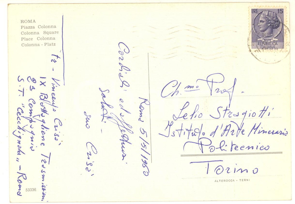 1960 ROMA Cartolina Vincenzo CRISA' IX Battaglione Trasmissioni *AUTOGRAFO FG VG