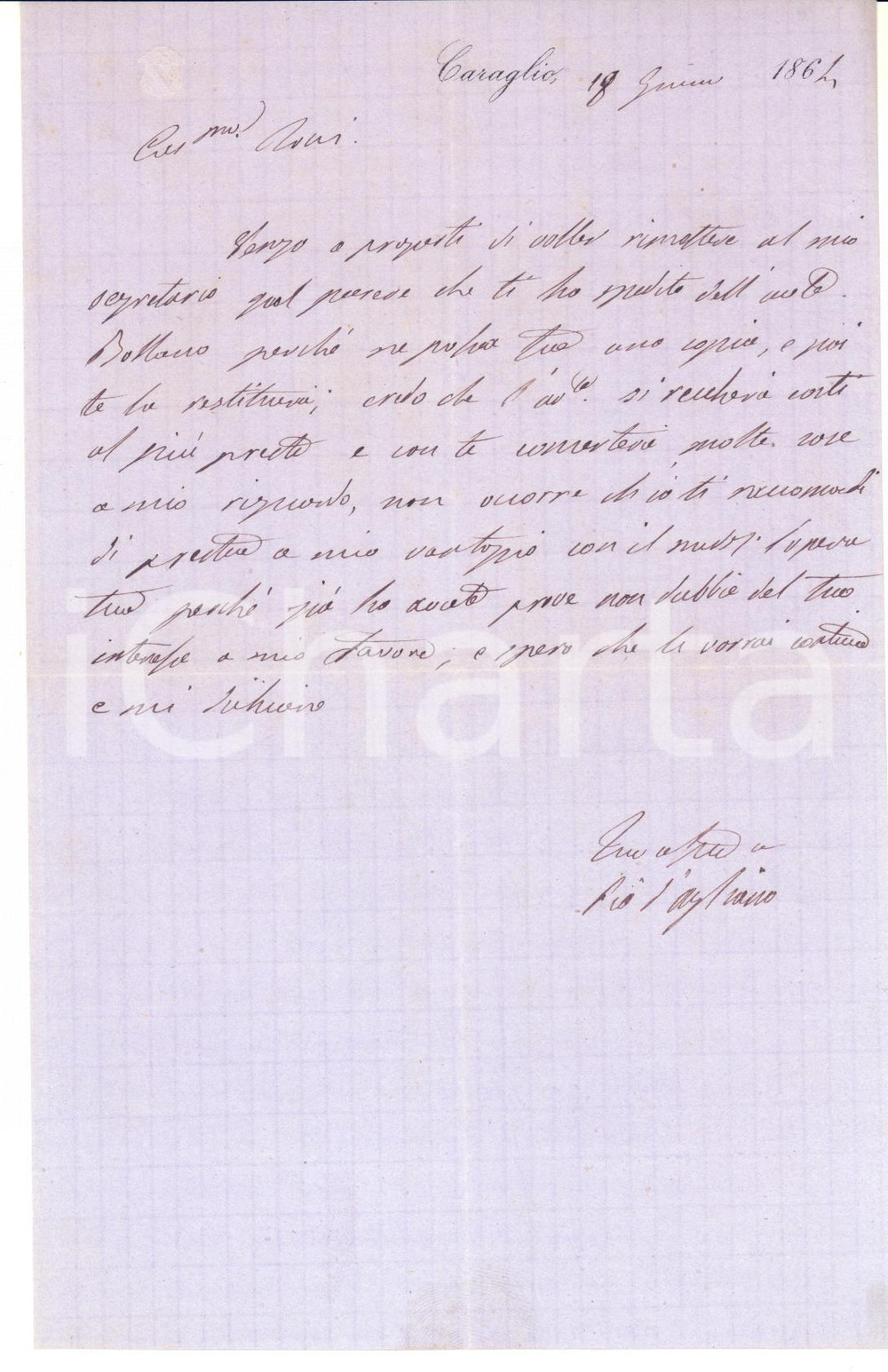 Autografo originale 1864 CARAGLIO Lettera conte Pio D AGLIANO per invio documento  AUTOGRAFO 1