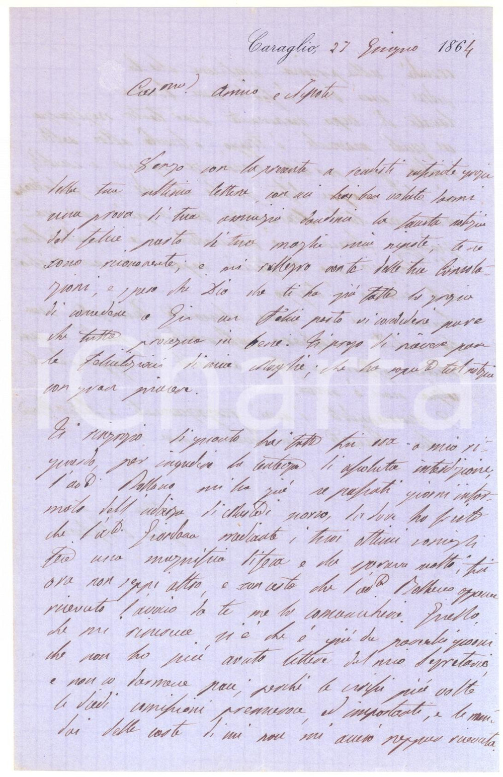 Autografo originale 1864 CARAGLIO Conte Pio D AGLIANO ringrazia il nipote Faustino ROCCI  AUTOGRAFO 1
