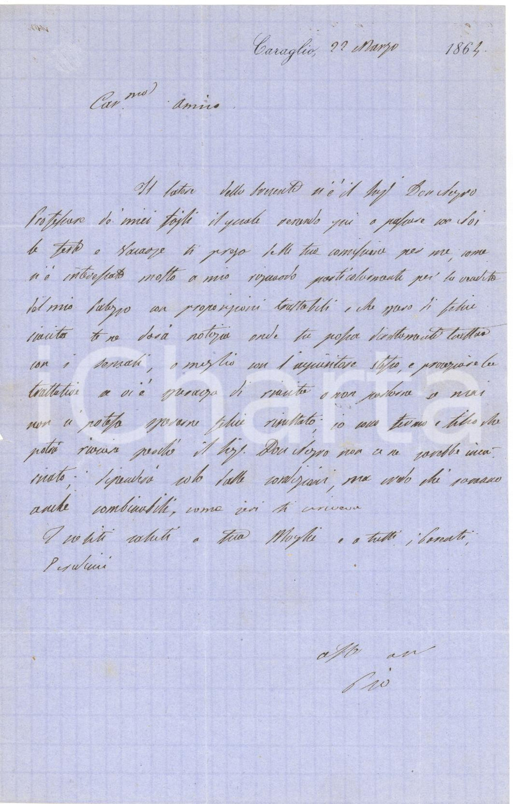1864 CARAGLIO Lettera conte Pio D'AGLIANO per trattativa di vendita - AUTOGRAFO