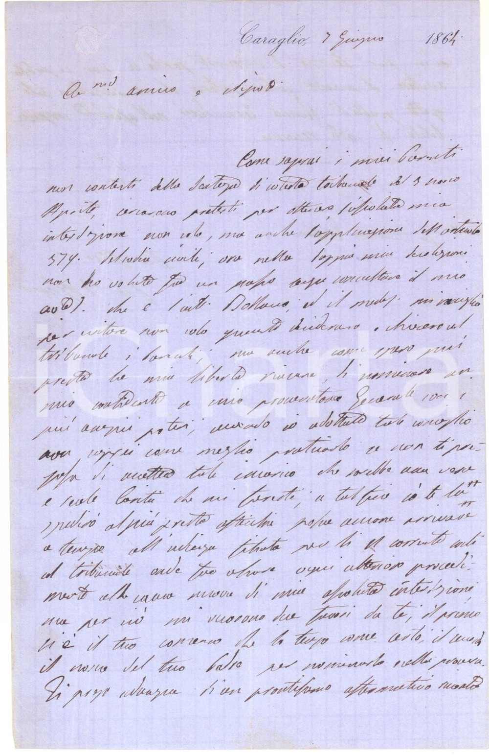 Autografo originale 1864 CARAGLIO Conte Pio D AGLIANO si appella al nipote Faustino ROCCI AUTOGRAFO 1
