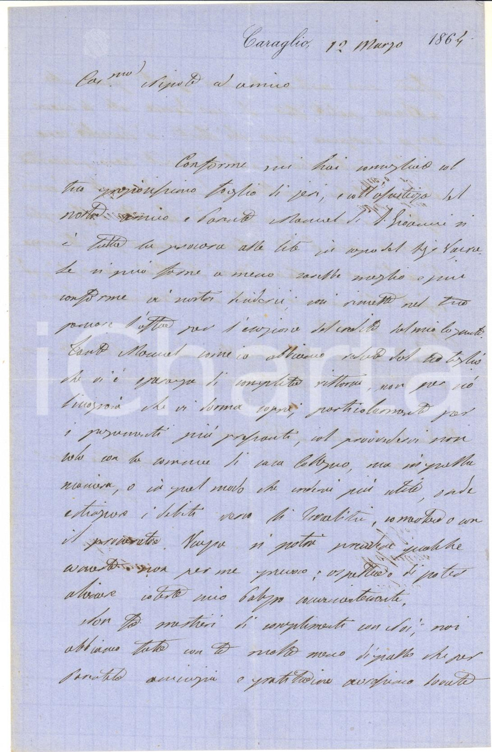 Autografo originale 1864 CARAGLIO Pio D AGLIANO e Manuel DI SAN GIOVANNI in causa  AUTOGRAFO 1