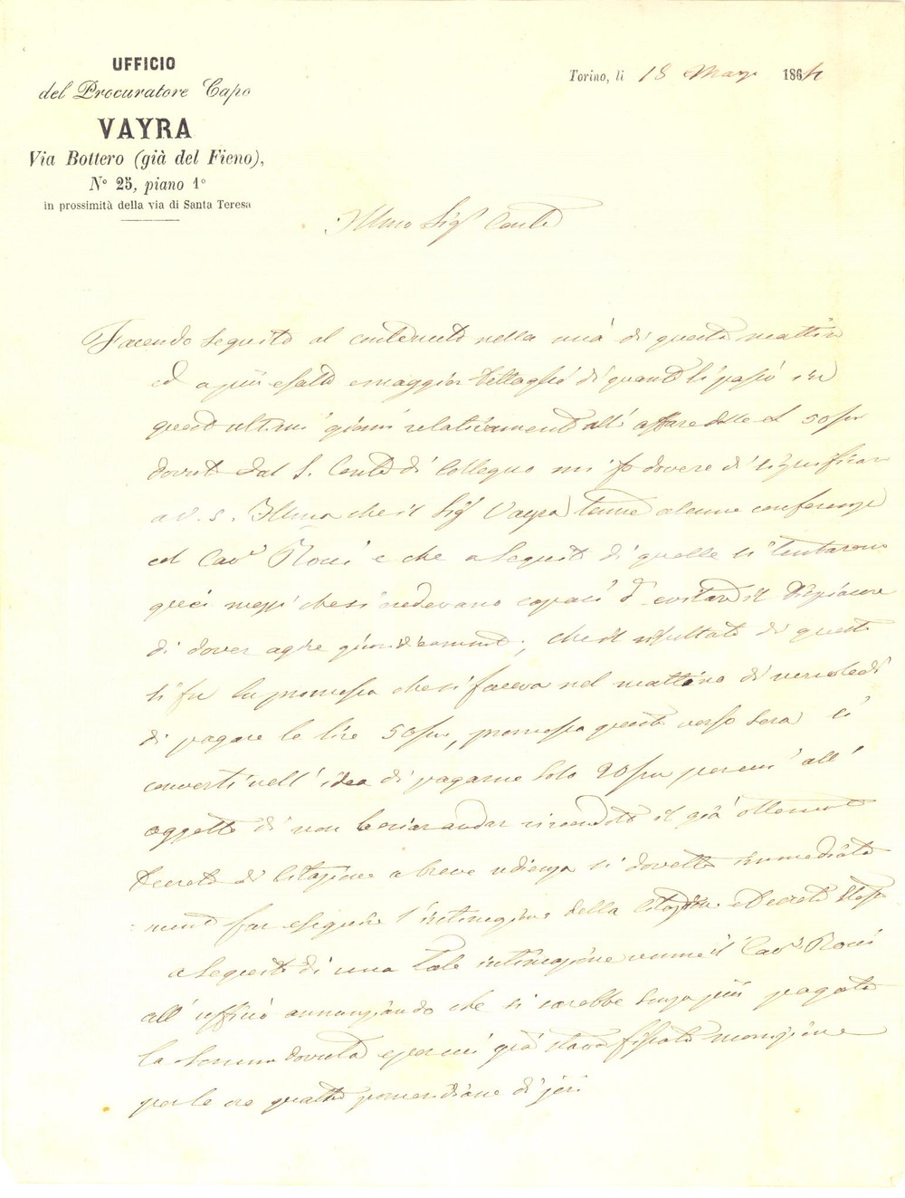 Manoscritto, lettera originale 1864 TORINO Studio VAYRA  Lettera Francesco RIGHETTO al conte Pio D AGLIANO 1