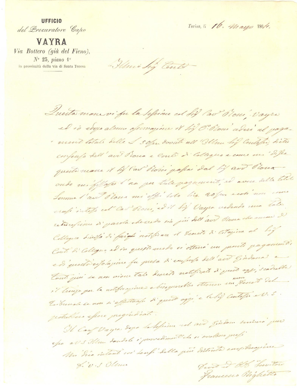 Manoscritto, lettera originale 1864 TORINO Studio VAYRA  Lettera di Francesco RIGHETTO al conte Pio D AGLIANO 1