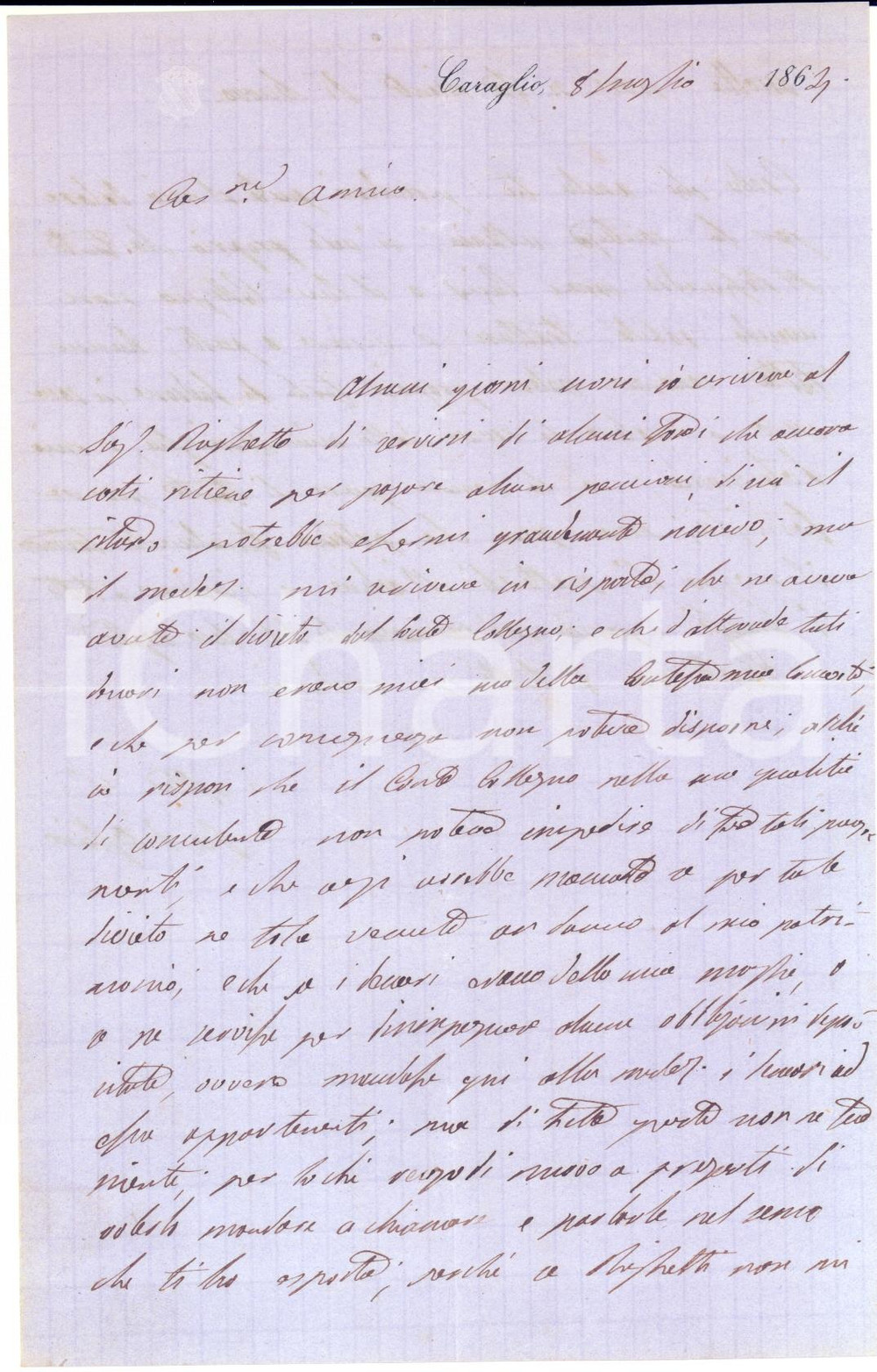 Autografo originale 1864 CARAGLIO Conte Pio D AGLIANO in lite con il conte di Collegno  AUTOGRAFO 1