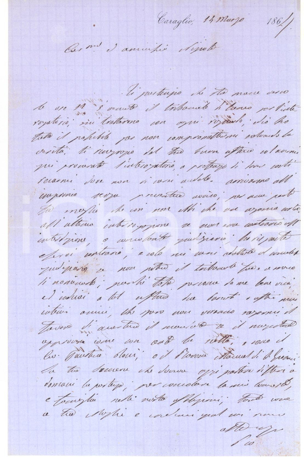 1864 CARAGLIO Lettera conte Pio D'AGLIANO in difficoltà giudiziarie - AUTOGRAFO