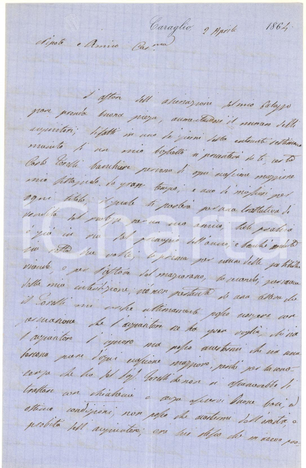 Autografo originale 1864 CARAGLIO Conte Pio D AGLIANO sulla vendita del proprio palazzo AUTOGRAFO 1