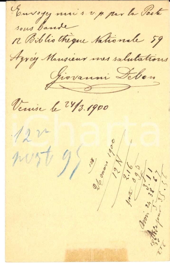 1900 VENEZIA Cartolina Giovanni DEBON all'editore PFLUGER per libri - AUTOGRAFO